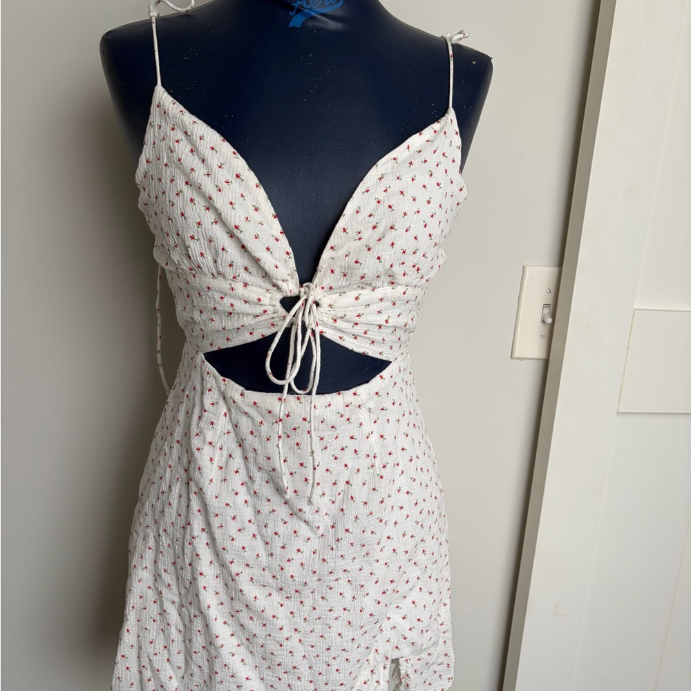 Princess Polly 100% Cotton White Backless Mini Dress Floral Print & Cutout Front